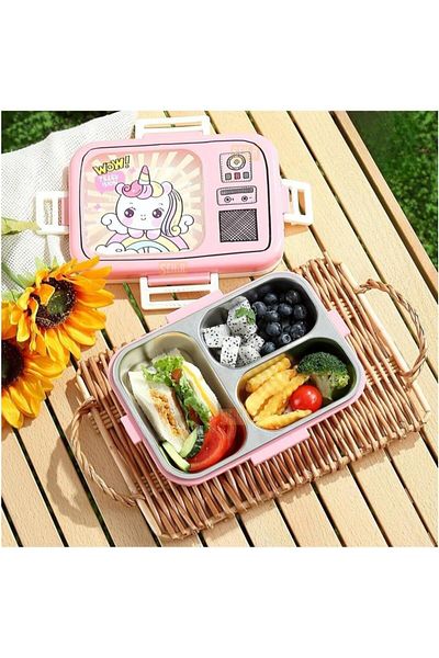Vagonlife Bento 820ml Lunchbox Single Layer 3 Compartments Stainless Steel (Pink Unicorn)