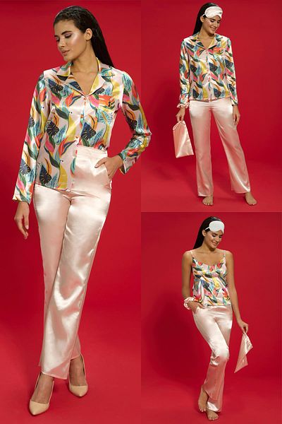 FOR YOU MODA 6-Piece Flower Pattern Salmon Pajama Set