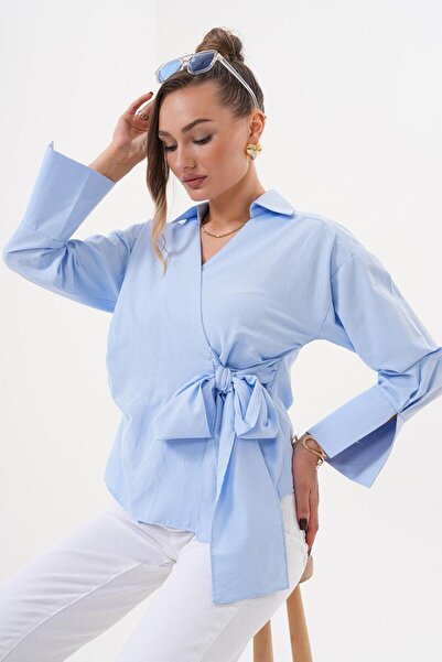 Flame İstanbul Butik Bluză albastră cu legături laterale cu două rânduri de nasturi SRP2002