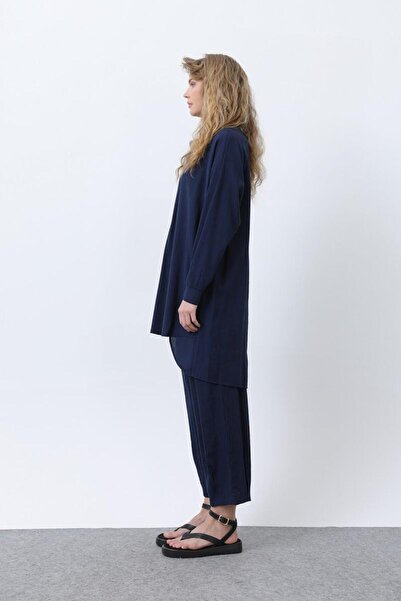 Puane Women's Back Seam Detailed Double Trousers Suit Navy Blue 14228