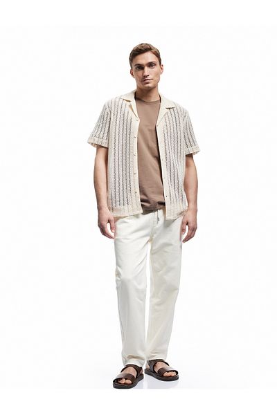Koton Turn-Down Collar Cotton Regular Fit Openwork Short Sleeve Shirt