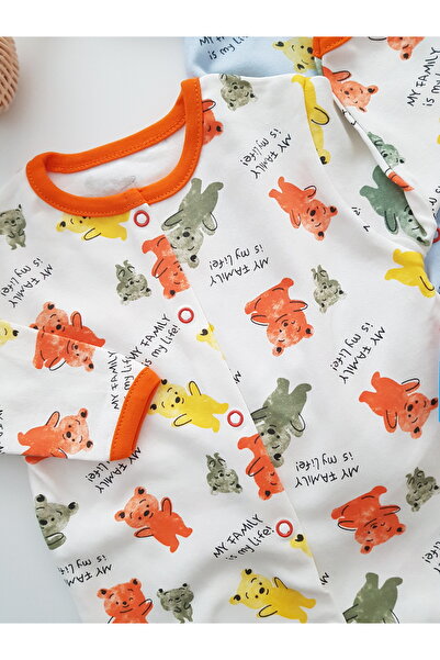 artıbebe Teddy Bear Patterned Long Sleeve Snap Fastener 3-Piece Baby Romper Set |   100% Cotton |   Newborn Daily Clothing