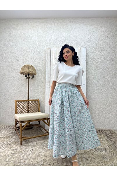 KÜÇÜĞÜM BUTİK Turquoise Floral Poplin Flared Skirt