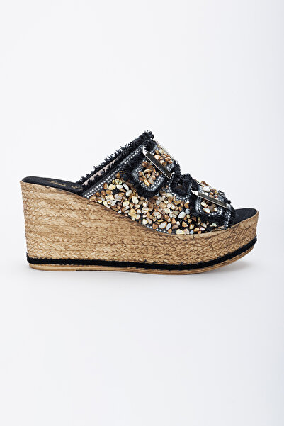 AYDOĞDU by ünal Alaçatı Κομψές Μαύρες Παντόφλες με σφήνα σόλα - 20400