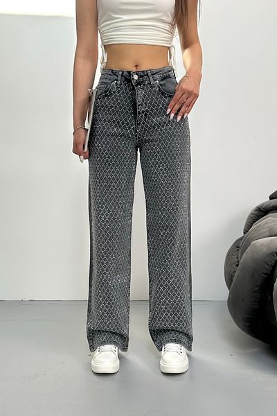 BİKELİFE Women's Smoked High Waist Mini Diamond Stone Lycra Straight Jeans