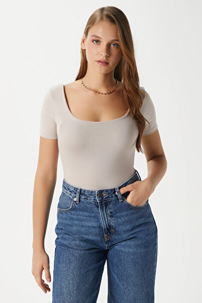 Ritnice Women Favor Lux Touch Soft Texture U-Neck Beige Blouse