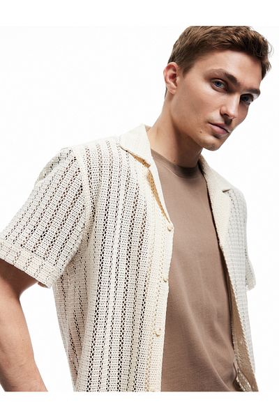 Koton Turn-Down Collar Cotton Regular Fit Openwork Short Sleeve Shirt