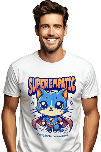 StoryGift Romania Tricou bărbătesc Super Empathetic, Supererou, Pisică Zburăt...
