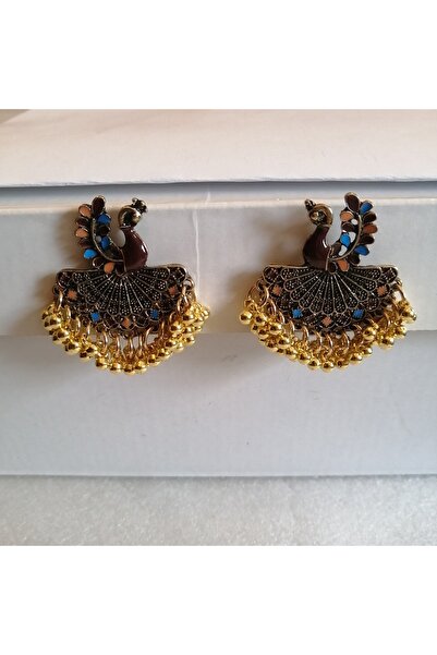 Butik Tülin أقراط طاووس نسائية أصلية مصنوعة يدويًا من الخرز المعدني الذهبي مت...