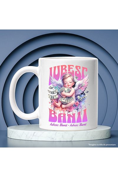 StoryGift Romania Mug with Baby Angel on Cloud with Money Banknotes Text I Love Money, Ceramic, 330ML, With ,STG