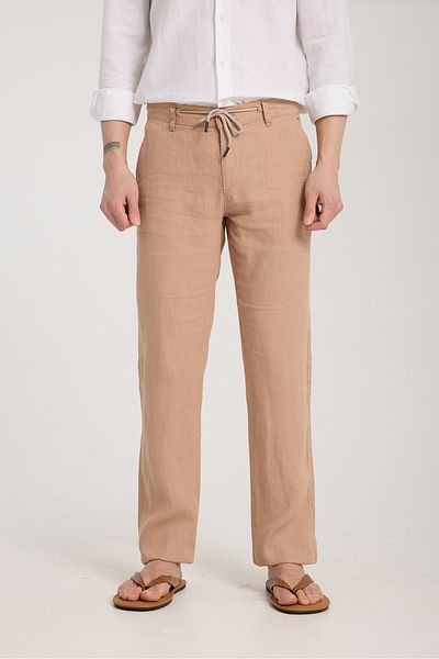 muzzo jeans Dark Beige 100% Linen Trousers with Elastic Waist