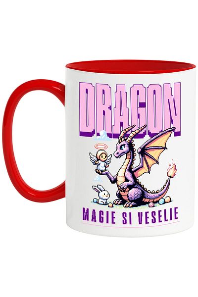 StoryGift Romania Mug with Purple Dragon Animated Style with Angel and Rabbit, Text Magic and Joy, Ceramics, With ,STG