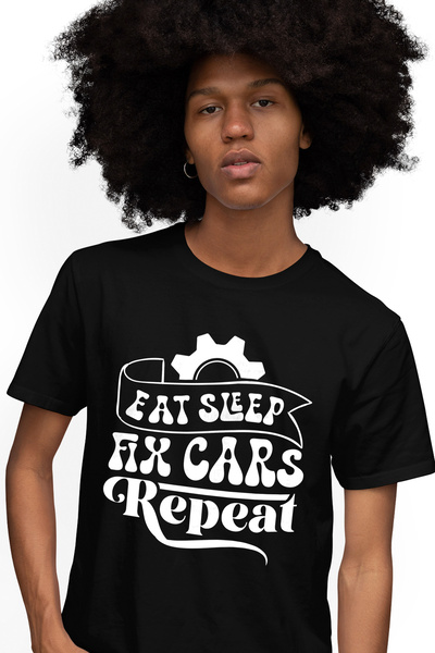 StoryGift Romania Tricou bărbătesc cu textul „mănâncă, dormi, repară mașini, ...