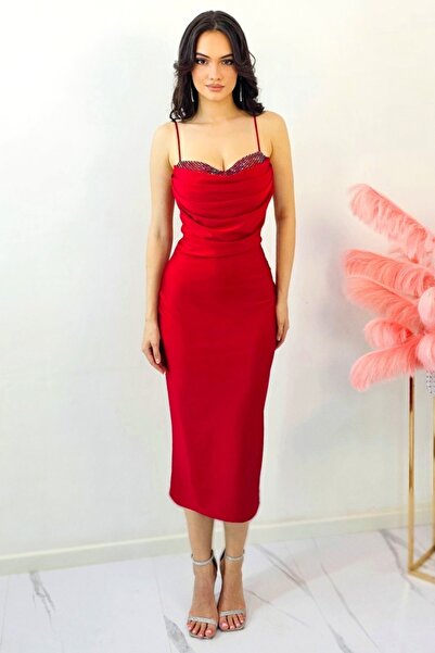 FashionForYou Rochie de seara Tanvea, cu insertii din cristale si falduri, Rosu