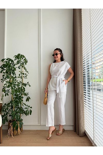 My Blog Weißer Schulter-Twist-Hosenanzug mit Bluse – 8644