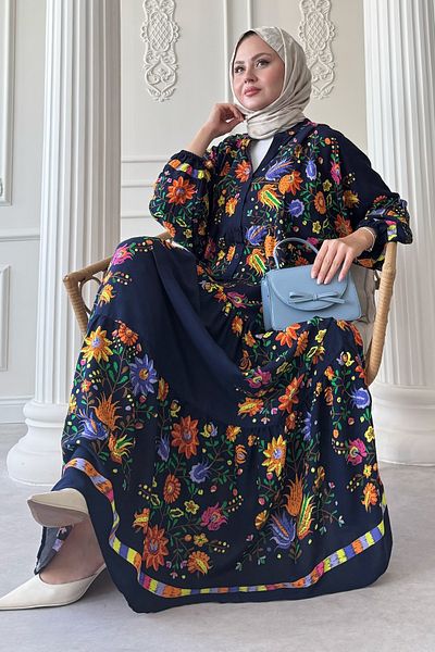 InStyle Mixed Tropical Pattern Navy Blue Viscose Dress