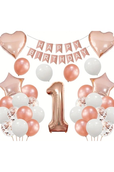 SİNDA Yaş Günü Rose Gold - Doğum Günü Partisi Yıldız Kalp Krom Balon Seti