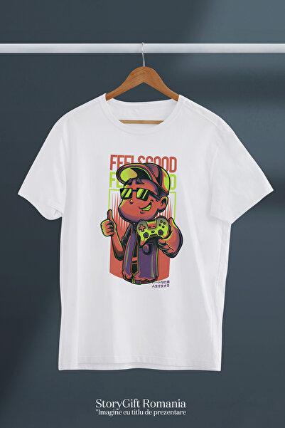 StoryGift Romania Tricou bărbătesc cu băiat cu ochelari de soare și șapcă care ține un controller de jocuri video, text Stg