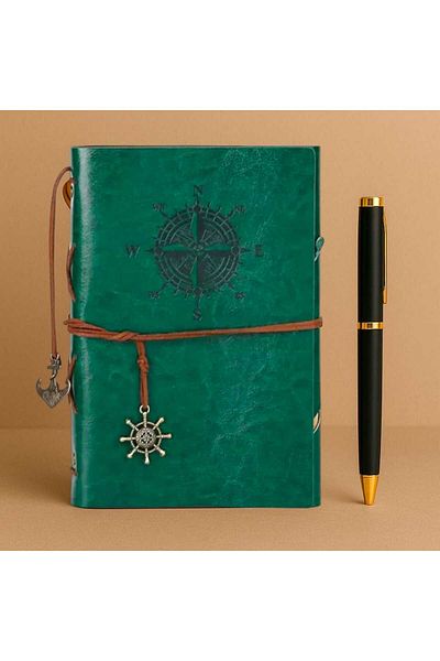 MRShopping Комплект тефтер и химикалка MR Leather Kraft Paper Compass Design, подаръчен комплект със специален дизайн