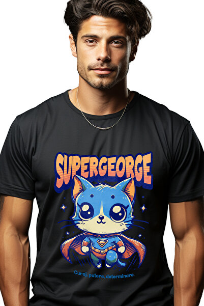 StoryGift Romania Tricou bărbătesc Super George, Supererou, Pisică Zburătoare...