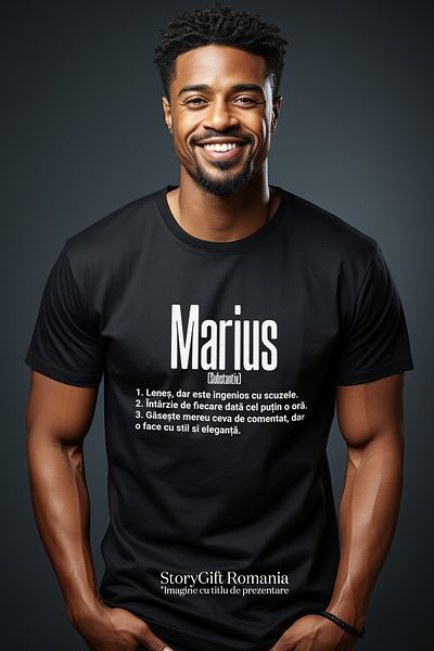 StoryGift Romania Tricou bărbătesc cu numele Marius, amuzant, leneș, hilar, personalizat, cadou cu imprimeu Stg