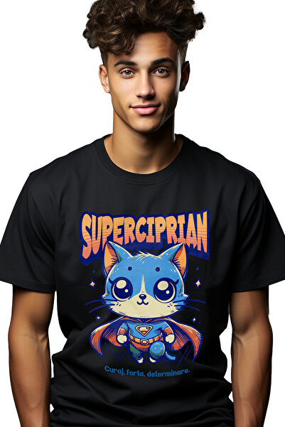 StoryGift Romania Tricou bărbătesc Super Ciprian, Supererou, Pisică Zburătoar...