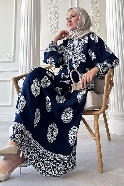 InStyle Polka Dot Ethnic Pattern Navy Blue Viscose Dress