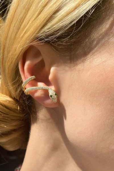 Spossy Silver Jewelry 925 Ayar Gümüş, Gold, Yeşil Gözlü Yılan Kıkırdak Küpe