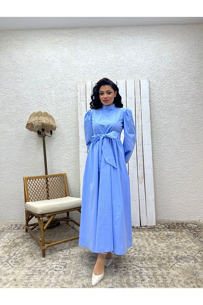 KÜÇÜĞÜM BUTİK Hijab Baby Blue Big Bow Poplin Flared Dress