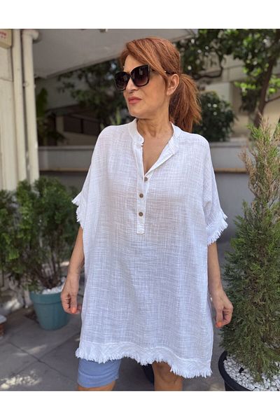 DenizEge Italian Tasseled Linen Textured Dress White