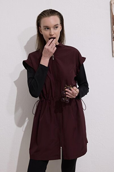 KADRİYE BAŞTÜRK Parachute Waist Drawstring Zippered Hijab Swimsuit Suit Claret Red