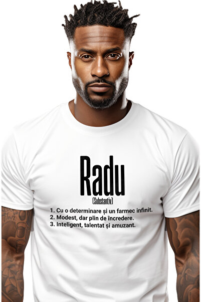 StoryGift Romania Tricou bărbătesc cu nume Radu, Determinare, Modest, Intelig...