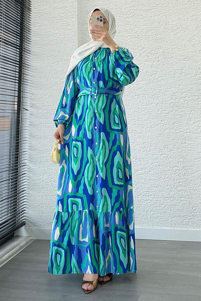 MELEK ARAZ Rochie din viscoză cu curea cu model pastel-albastru