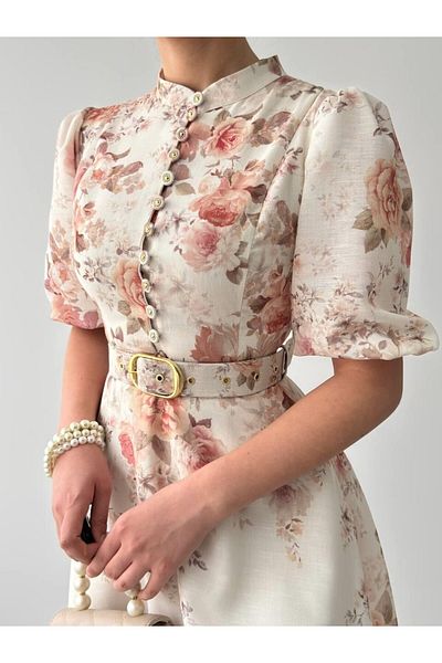Julidress Ecru Beige Floral Patterned Belted Button Detailed Lined Mini Premium Linen Dress