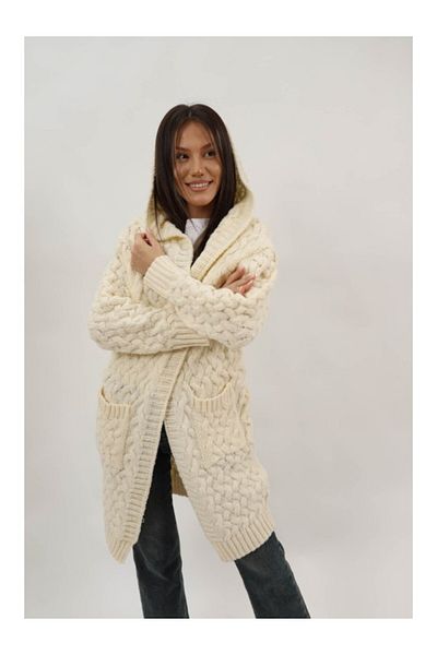 Lamiar LONG CARDIGAN IN THICK KNIT WITH HOOD AND ALETTA POCKET ONE SIZE Ivory