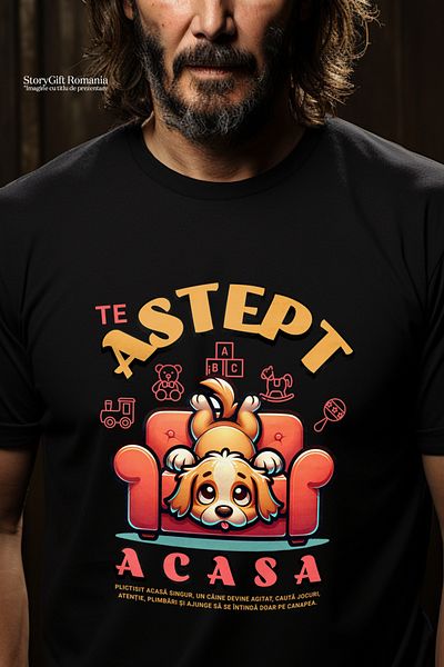 StoryGift Romania Men's T-shirt dog bored at home waiting for you, master, fluffy and loyal animal with STG print