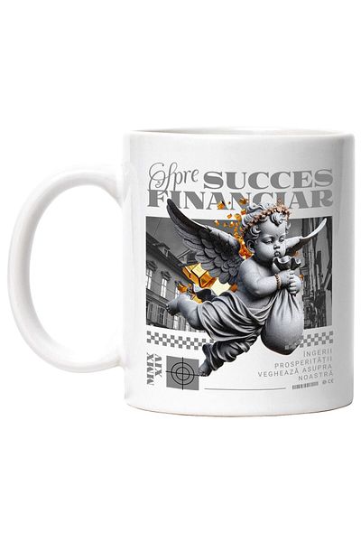 StoryGift Romania Mug with Angel with Money Bag in Flight, statue, text To Financial Success, Ceram, Cu, STG