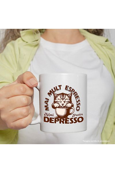 StoryGift Romania Mug with Sleepy Cat in coffee cup Text More Expresso less depr, With ,STG