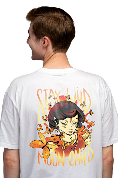 StoryGift Romania Men's T-shirt With Message In English Stay Wild Moon Child, Moth, Moon, With Print On Back Stg