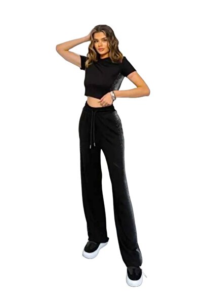 FashionForYou Σετ casual VALKY, με τοπ και παντελόνι σε δίχρωμες αποχρώσεις, Μαύρο