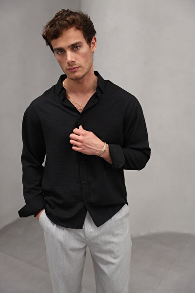 Bürke Ανδρικό πουκάμισο με μακρυμάνικο μαύρο μισό oversize καλοκαιρινό λινό