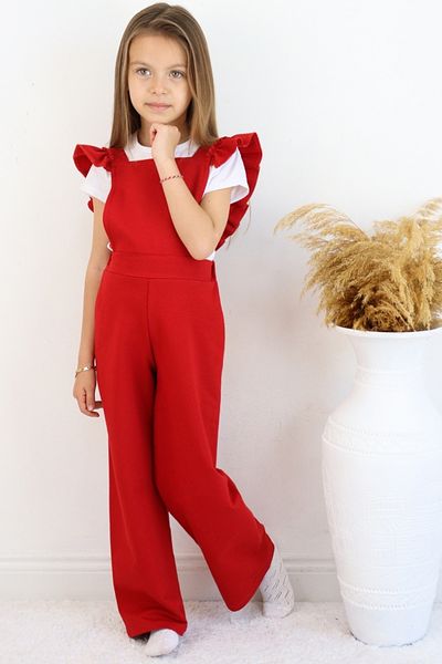 Parla Kids Girl's Berlin Red Cotton Ruffle Lacing Detail Jumpsuit