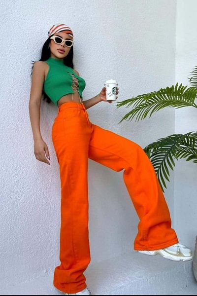 FashionForYou Blugi Simons mom fit, evazați, fără elastan, portocalii, 36