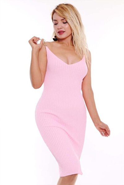 FashionForYou Rochie mulata Sofy, cu bretele din lant, Roz pal