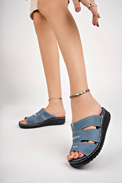 Deripabuc Hakiki Deri Kot Mavi Kadın Deri Terlik Dp62-0213