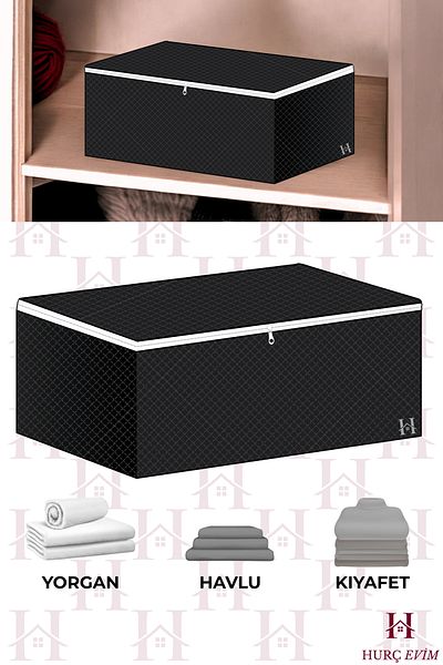 HURCEVİM Black Quilted Zippered Storage Box - under Base Clothing Storage Box Organizer - 65X45X22 cm