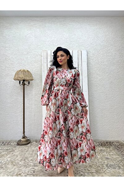 KÜÇÜĞÜM BUTİK Hijab Βαμβακερό Σατέν Ροζ Μεγάλο Φόρεμα με Λουλούδια