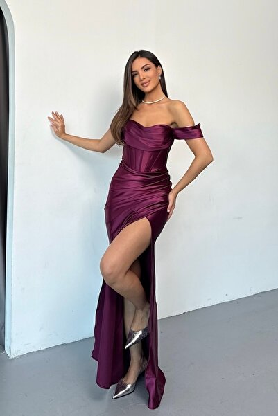 İyem Abiye Omuz Ve Sırt Detaylı Örme Saten Düz Abiye Elbise Dar Kalıp