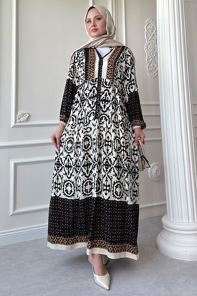 InStyle Patterned Buttoned Loose Black Viscose Dress