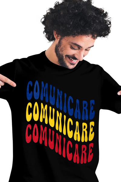 StoryGift Romania Tricou bărbătesc Cuvântul Comunicare, În Culorile Drapelulu...